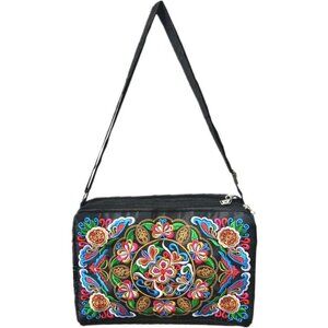 Colorful Floral Embroidered Crossbody Bag Women Vintage Triple Zip Canvas Lightw